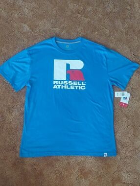 Russell Athletic Bright Blue Short Sleeve Logo Tee with Red White Accent